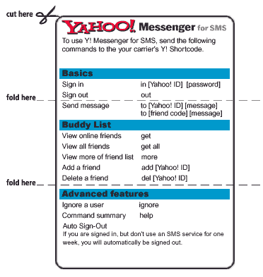 Y!M via SMS quick reference